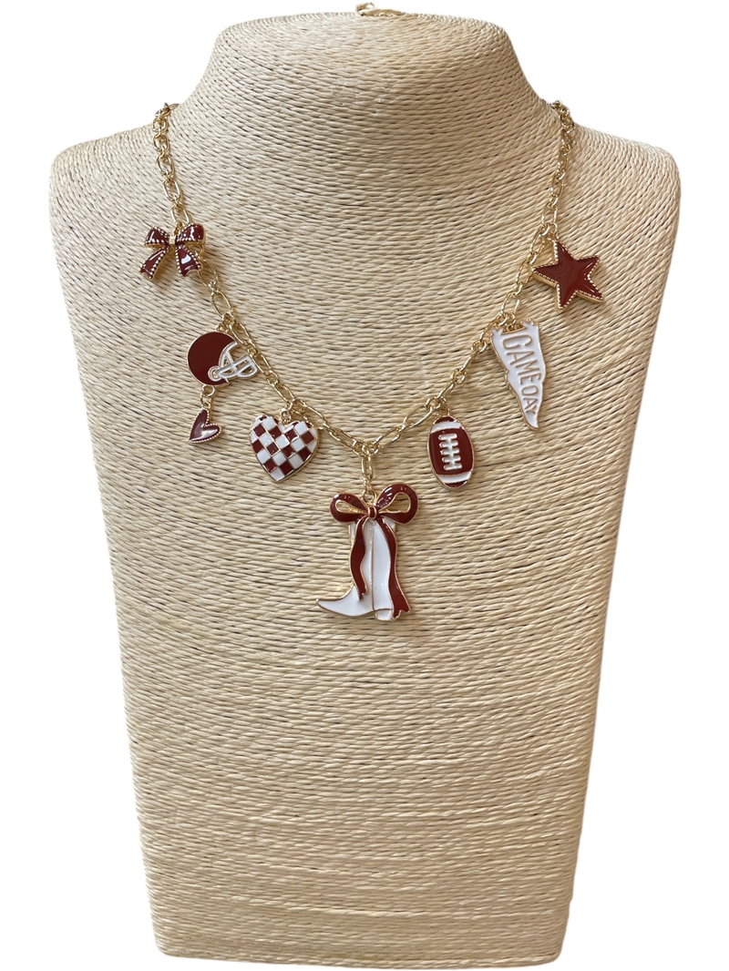 GSN1568U MULTI CHARM BURGUNDY & WHITE SPORTS NECKLACE