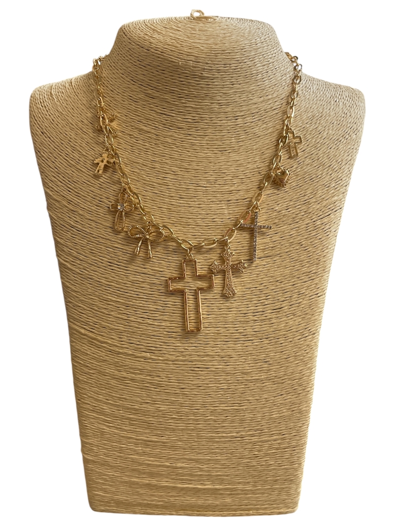 GSN17031 CROSS MULTI CHARMS GOLD NECKLACE