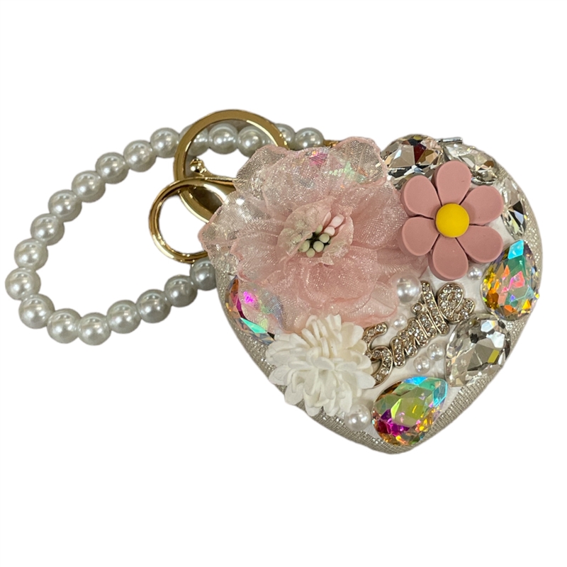 H15CM  PINK CREAM  FLOWERS HEART MIRROR KEYCHAIN