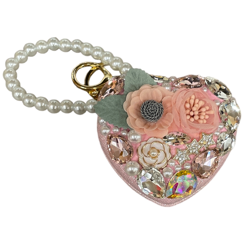 H15PP PINK FLOWER HEART MIRROR KEYCHAIN