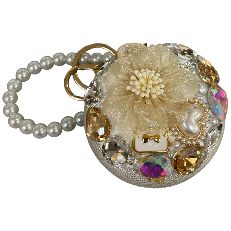 H16CM  CREAM FLOWER CIRCLE MIRROR KEYCHAIN