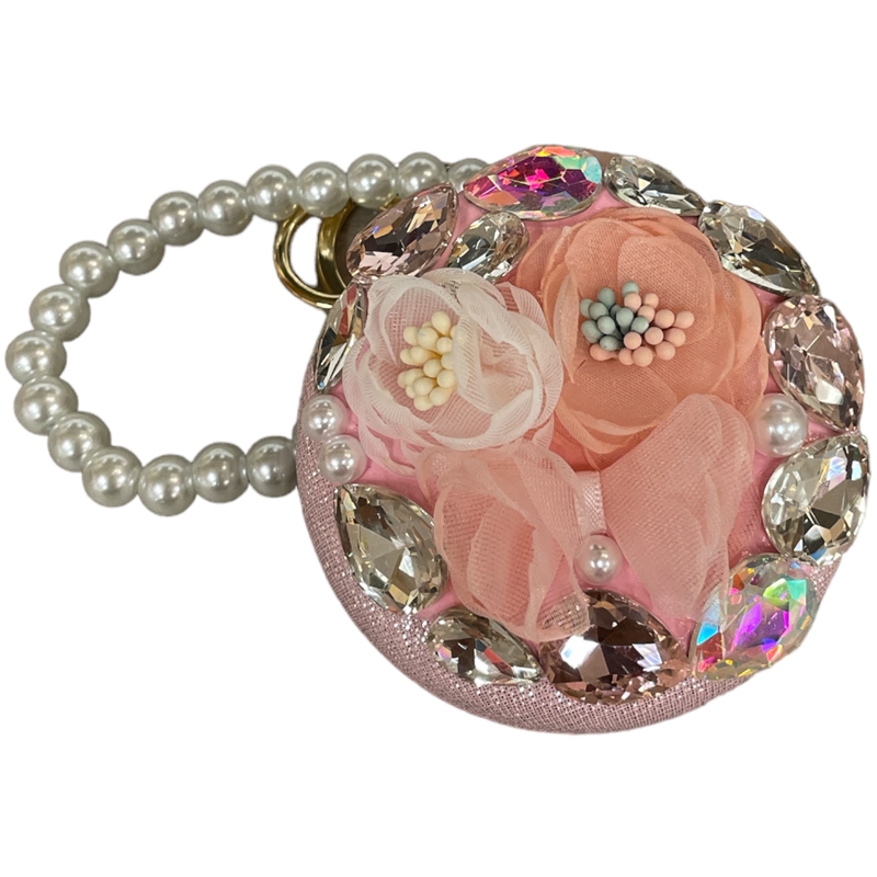 H16CW  CORAL WHITE FLOWERS CIRCLE MIRROR KEYCHAIN