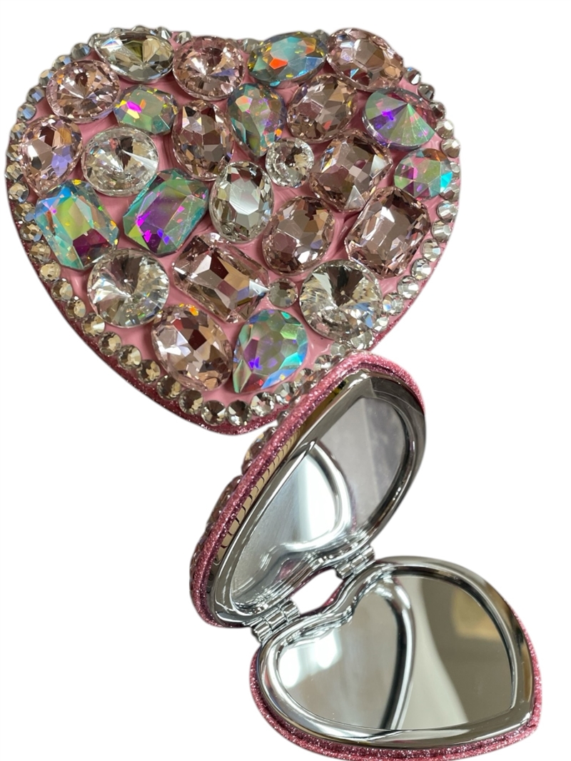 HE08P  PINK  STONE HEART COMPACT MIRROR