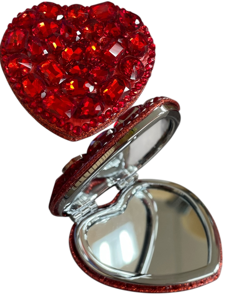 HE08R  RED STONE HEART COMPACT MIRROR