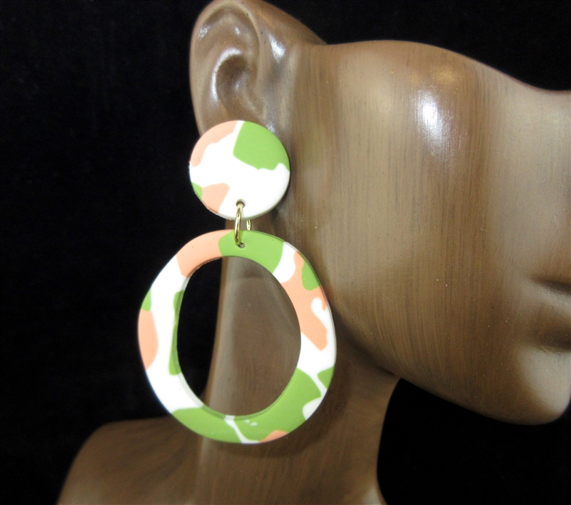 HE1197 GREEN WHITE ORANGE ABSTRACT OPEN ROUND EARRINGS