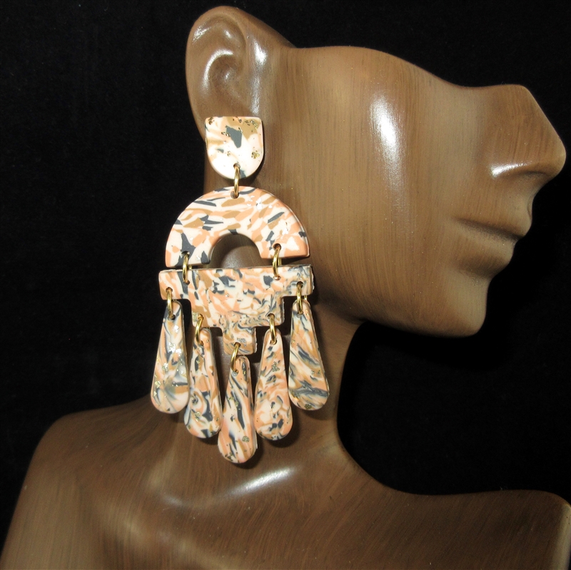 HE1369 CORAL  FLAKES LONG DANGLE EARRINGS