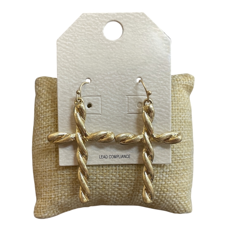 HE2540 MATTE GOLD TWIST CROSS DANGLE EARRINGS