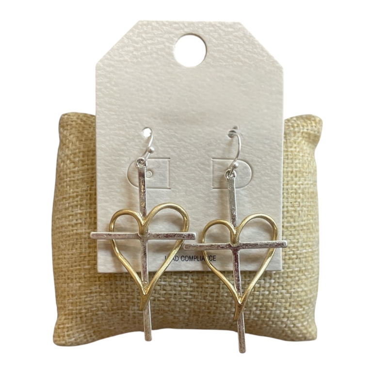 HE2554 MATTE TWO TONE CROSS AND HEART DANGLE EARRINGS