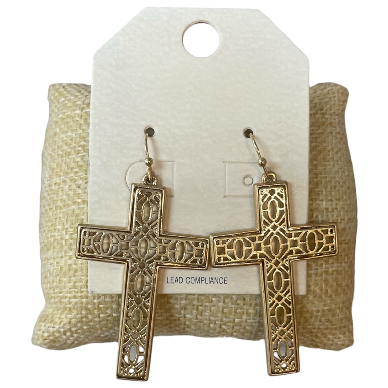HE3075 ANTIQUE FILIGREE CROSS DANGLE EARRINGS