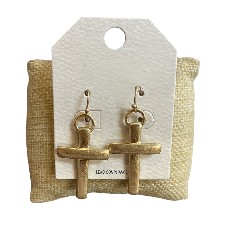 HE3197 MATTE GOLD DANGLE CROSS EARRINGS
