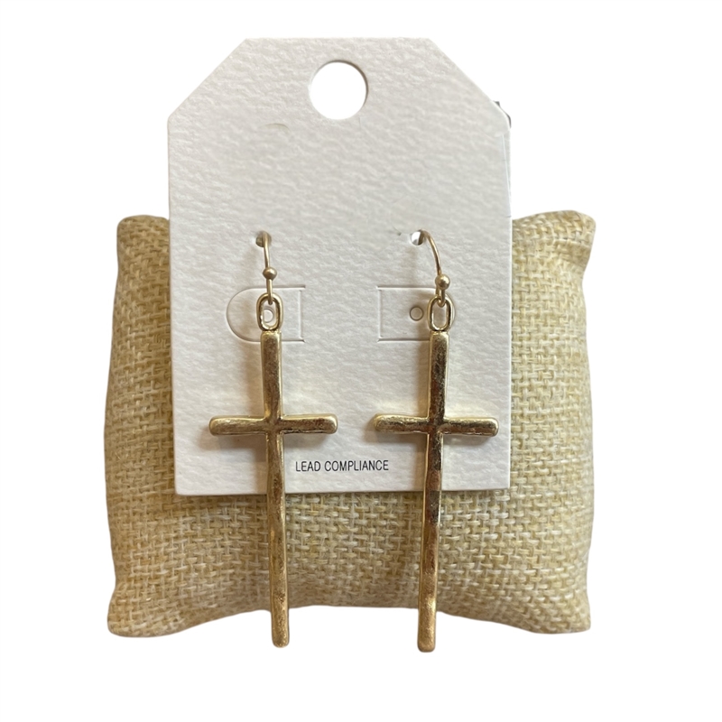 HE3243 MATTE GOLD THIN DANGLE CROSS EARRINGS