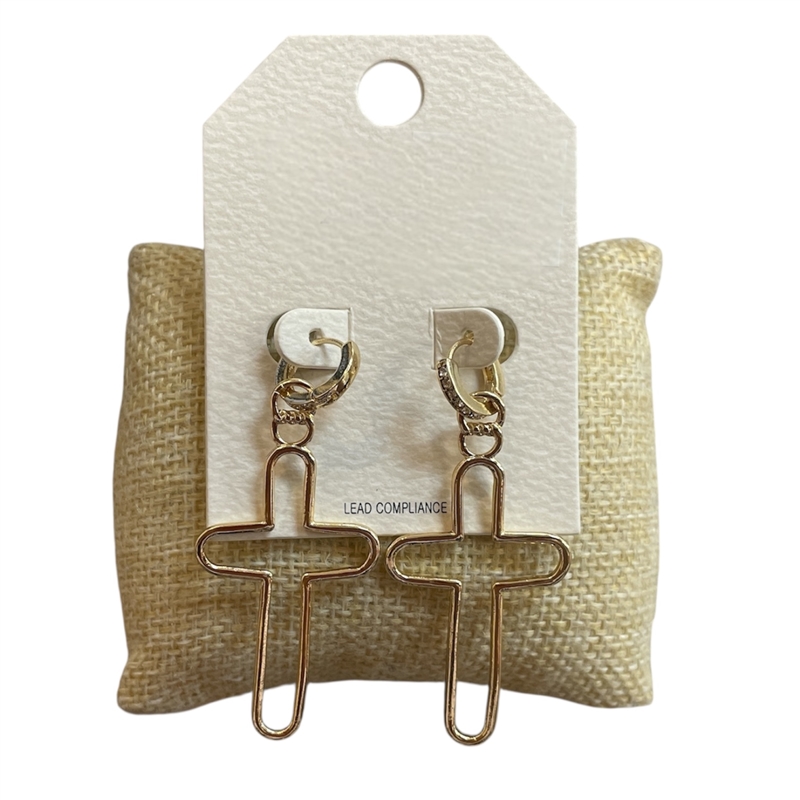 HE3391 GOLD OPEN CROSS DROP RHINESTONE HUGGIE EARRINGS