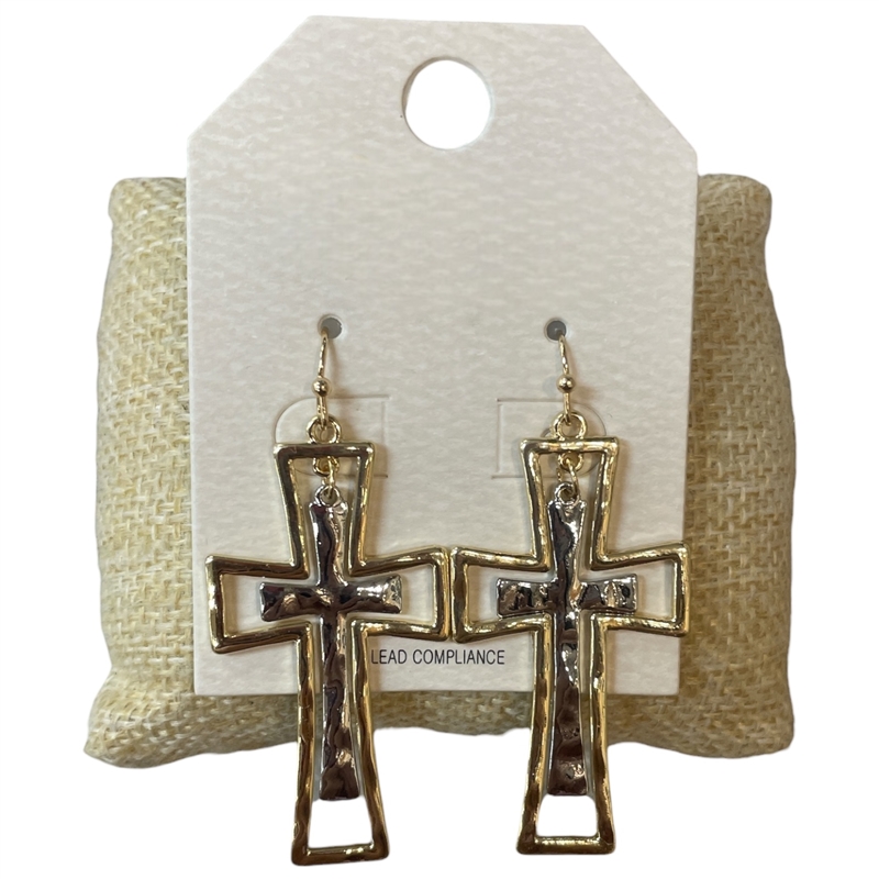 HE3476 HAMMERED SHINY DOUBLE CROSS DANGLE EARRINGS