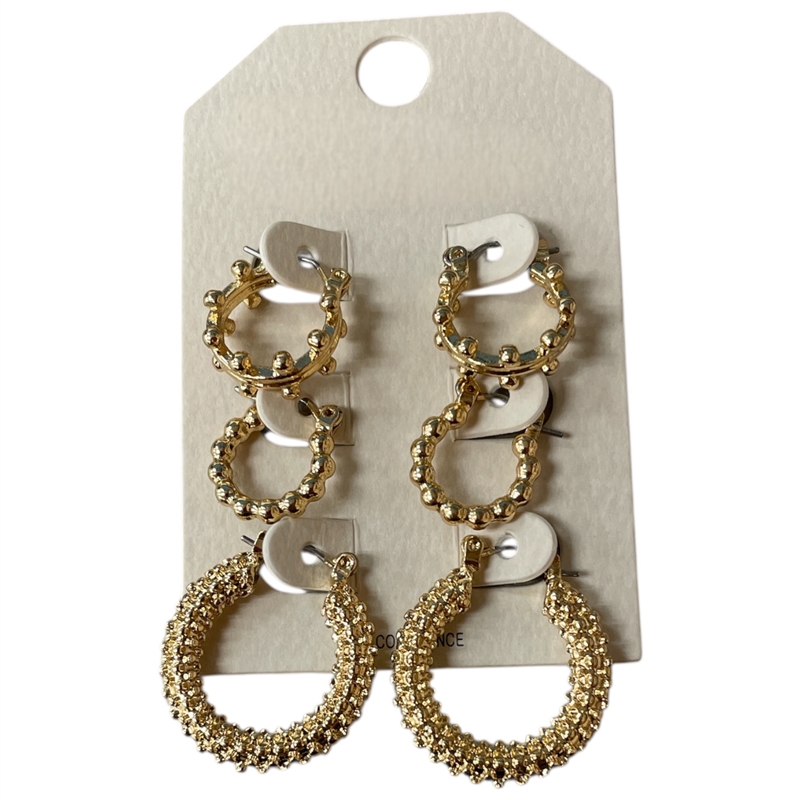 HE3933 TEXTURED GOLD 3 PAIR SET SMALL HOOP EARRINGS