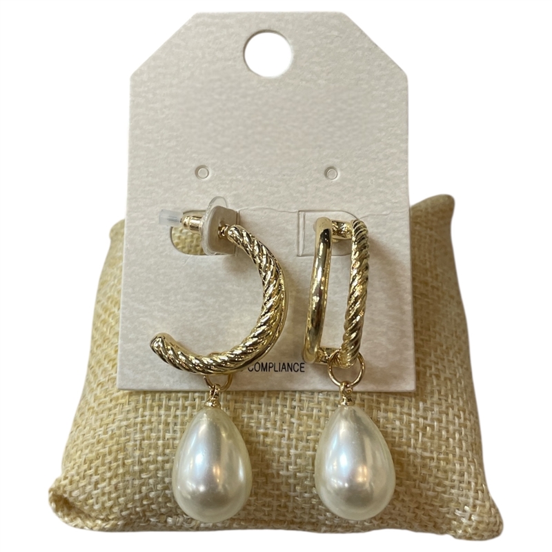 HE4383 ROPE TEXTURE PEARL DROP HOOP EARRINGS