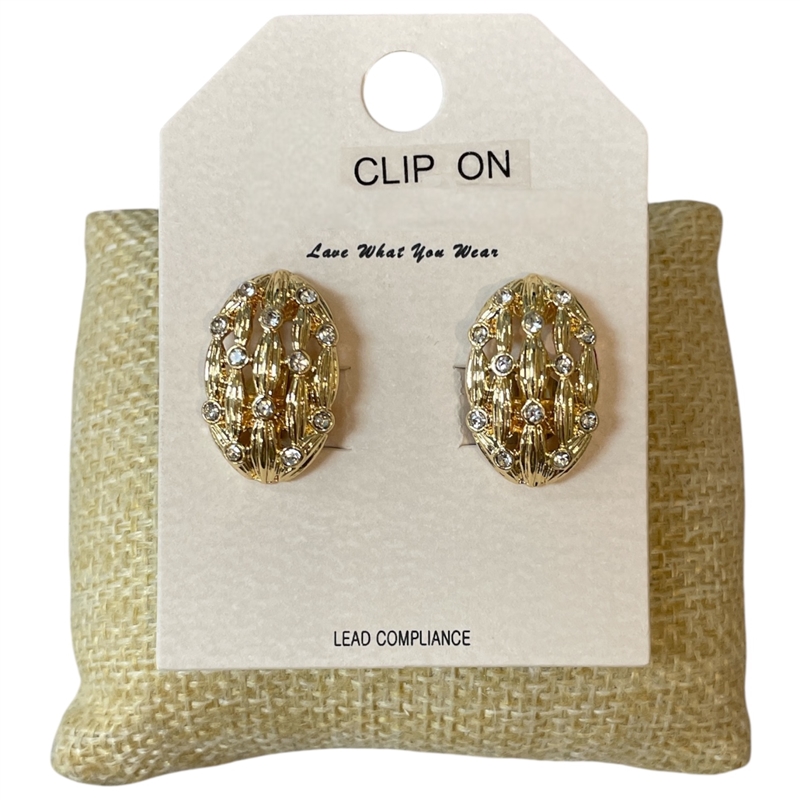 HE4387 RHINESTONE PATTERN OVAL CLIP ON EARRINGS