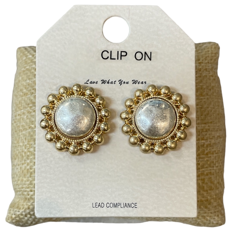 HE4392 GOLD & SILVER PATTERN CIRCLE CLIP ON EARRINGS