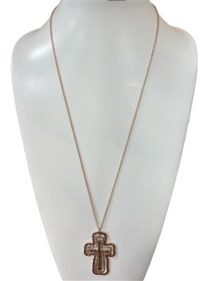 HN4678 HAMMERED CROSS  LONG CHAIN NECKLACE