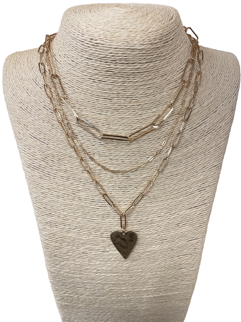 HN4768  MULTI LAYERED  HAMMERED HEART SHORT NECKLACE