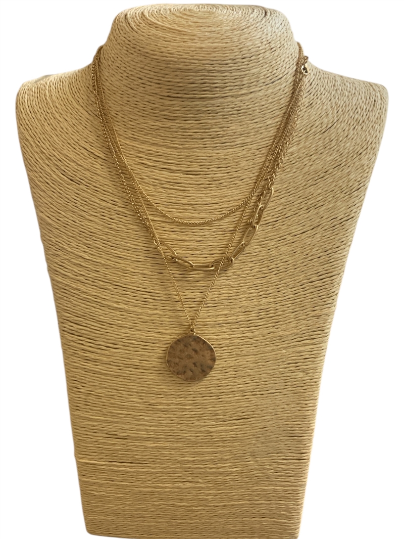 HN4798 3 PC CHAIN LINK HAMMERED CIRCLE NECKLACE