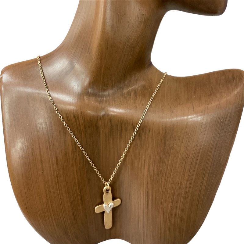 HN4845 SMALL CROSS SMALL HEART IN CENTER NECKLACE