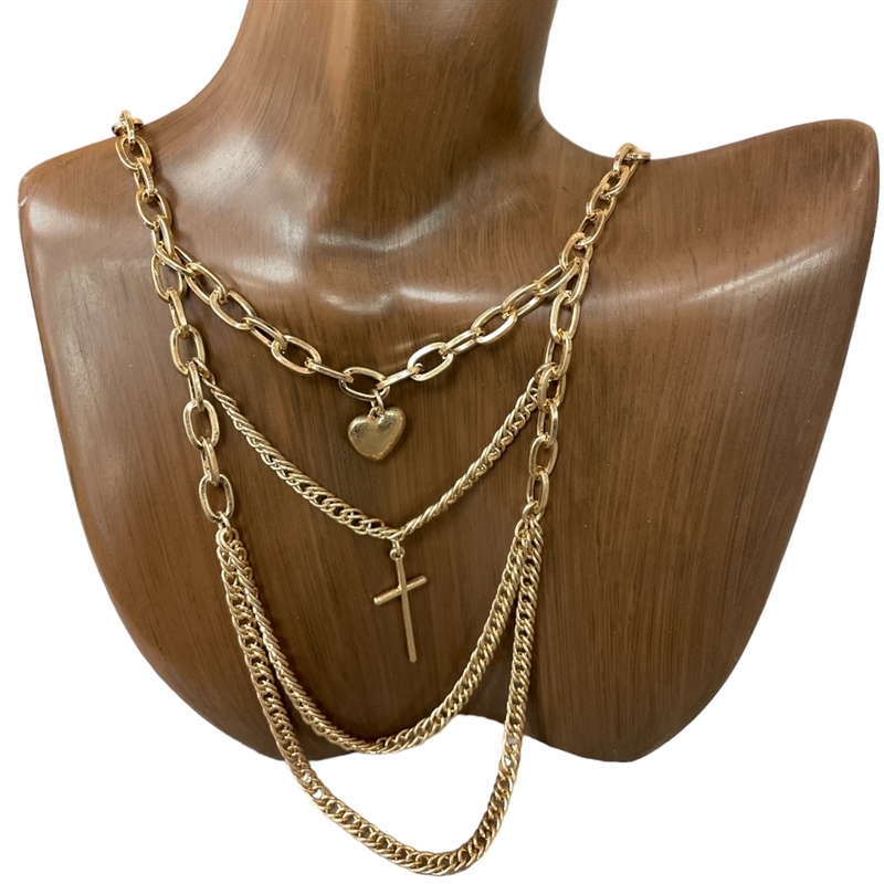 HN4846 HAMMERED HEART & CROSS CHAIN NECKLACE