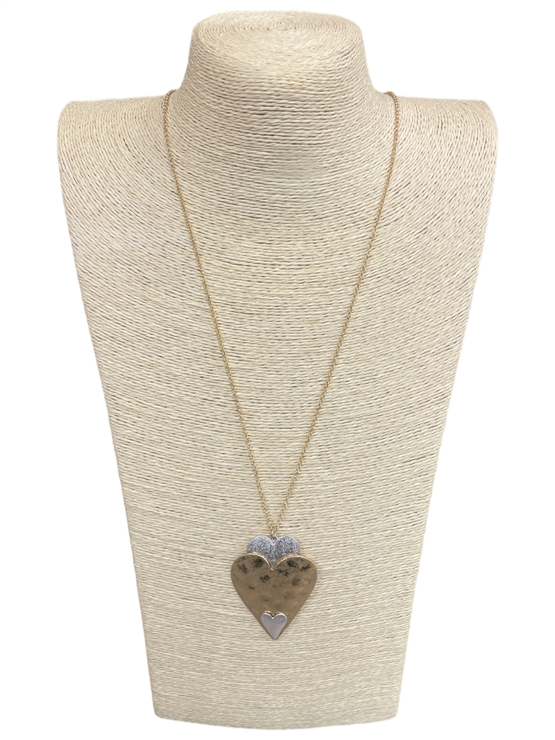 HN4852 HAMMERED TWO TONE HEART LONG NECKLACE