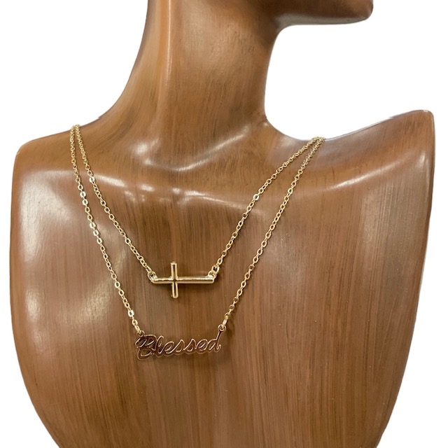 HN5011 BLESSED & CROSS THIN CHAIN NECKLACE