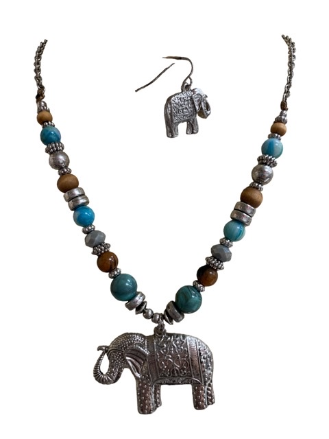 HNE3048 TURQUOISE /ANTIQUE ELEPHANT SHORT   SET NECKLACE