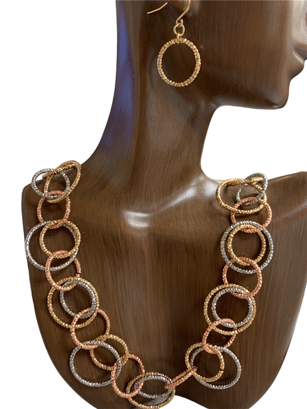 HNE4568-3 MIX TWO TONE CIRCLES SET NECKLACE
