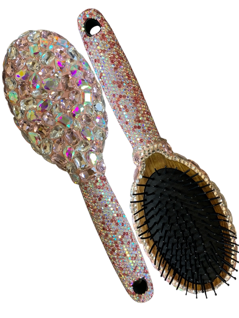 HR403 PINK HALF SMALL STONE HALF BIG STONE HAIR BRUSH