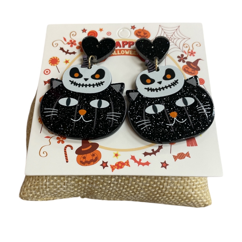 HW12   ACRYLIC BLACK SKULL & CAT EARRINGS