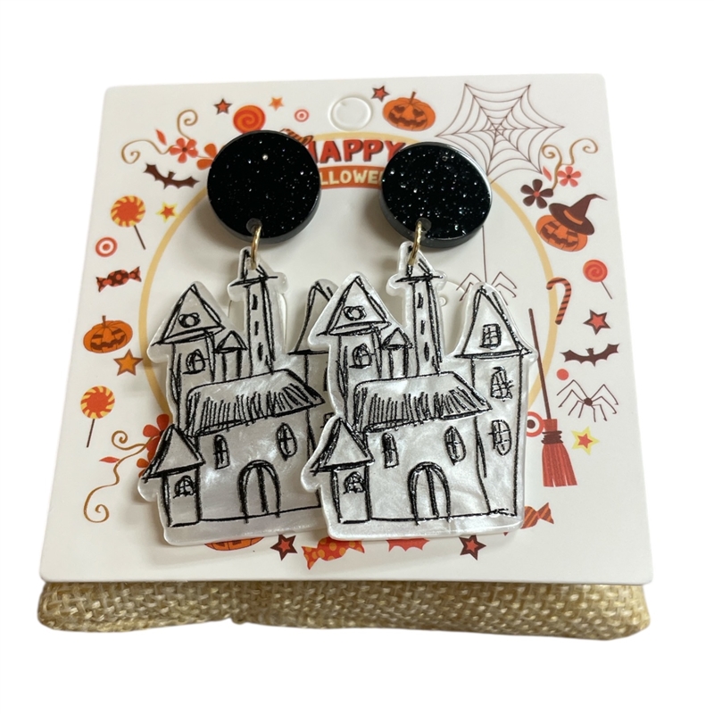 HW13  ACRYLIC WHITE HAUNTED HOUSE EARRINGS
