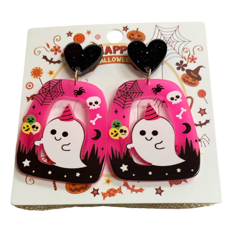HW6  ACRYLIC PINK BLACK GHOST EARRINGS