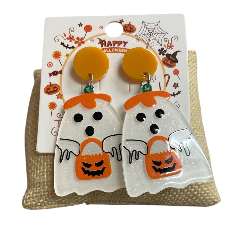 HW65  WHITE & ORANGE GHOST EARRINGS