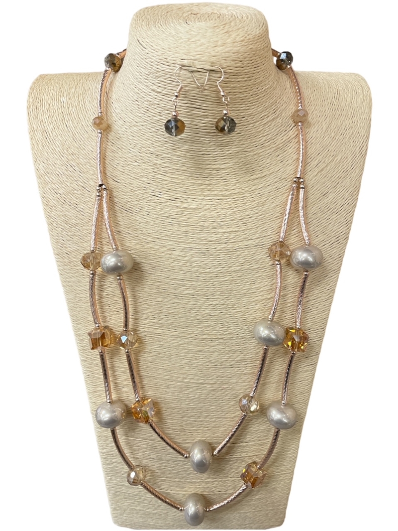 HX0934  PEARL/CRYSTAL BEADED LONG LAYER NECKLACE