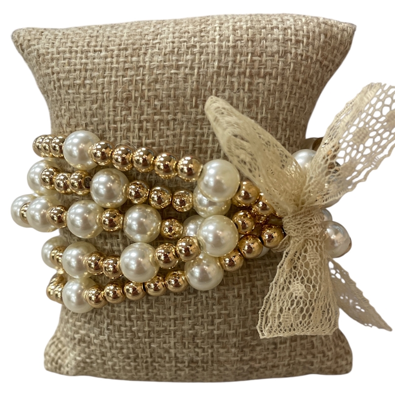 IB0098 GOLD & PEARL BEADED 5 PCS BRACELET SET