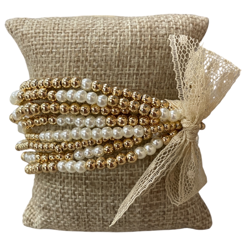 IB0100 SMALL GOLD & PEARL BEADED 8 PCS BRACELET SET