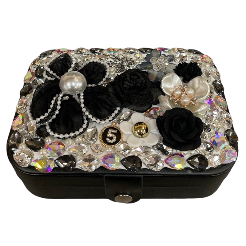 JB300 BLACK FLOWER AND RHINESTONE JEWELRY BOX