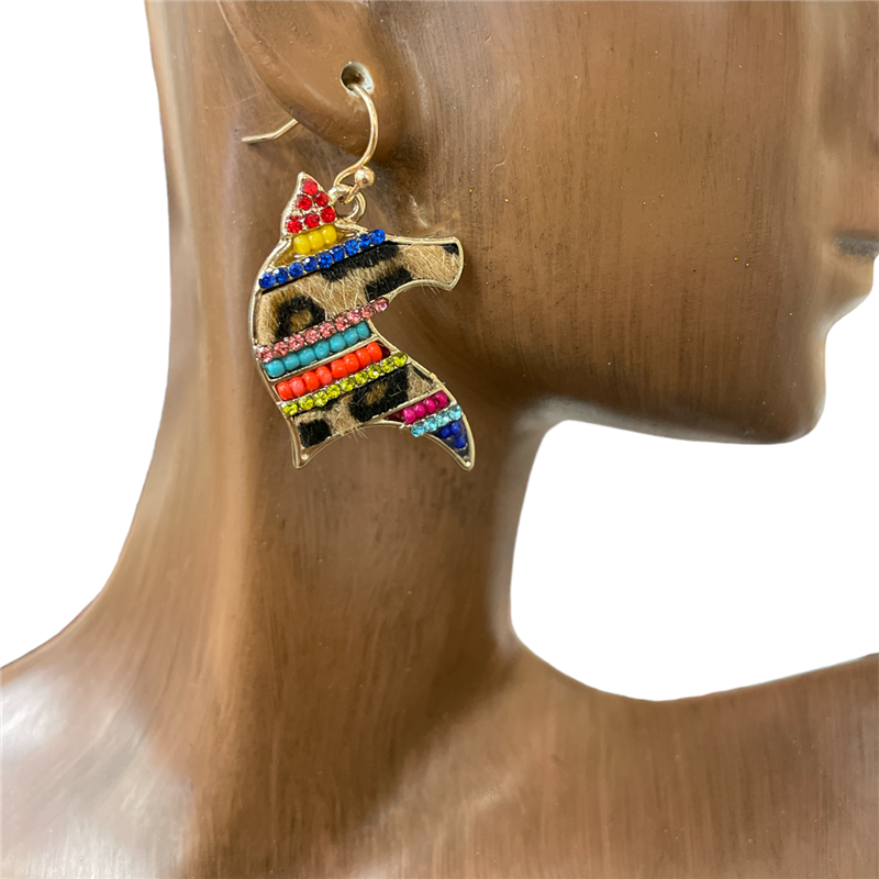 JCE4711-1 MULTI BEADED HAIR ON HIDE HORSE HEAD EARRINGS