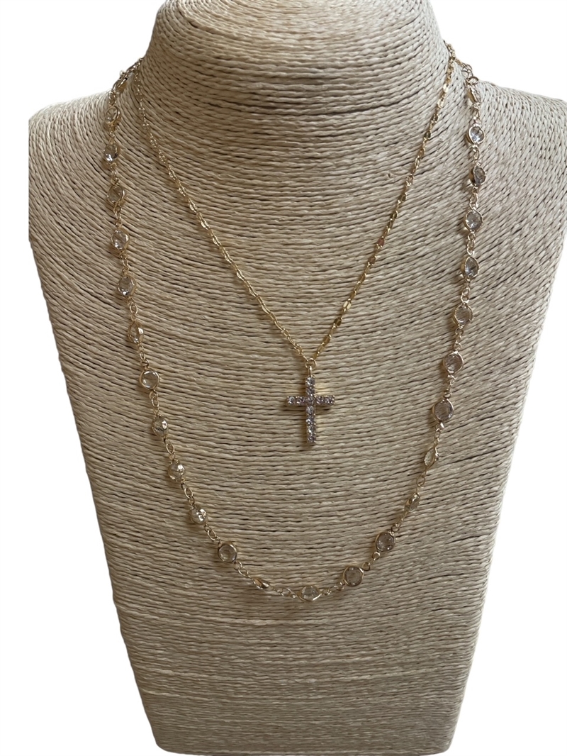 JN0614 CRYSTAL NECKLACE WITH CHAIN & CROSS SET