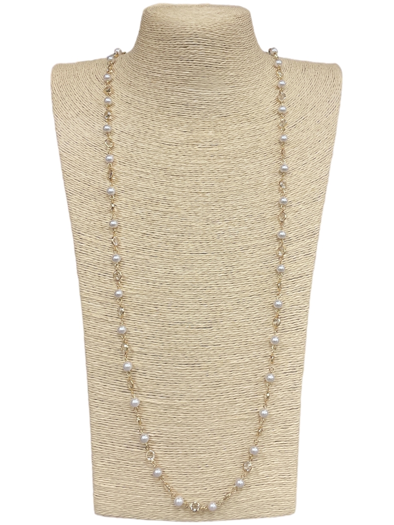 JN0620 CRYSTAL & PEARL LONG NECKLACE