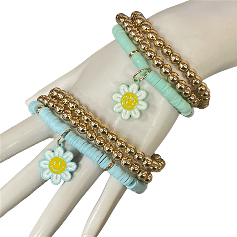 KB8383 RUBBER DISC COLORFUL SMILEY FLOWER BEADED BRACELET SET