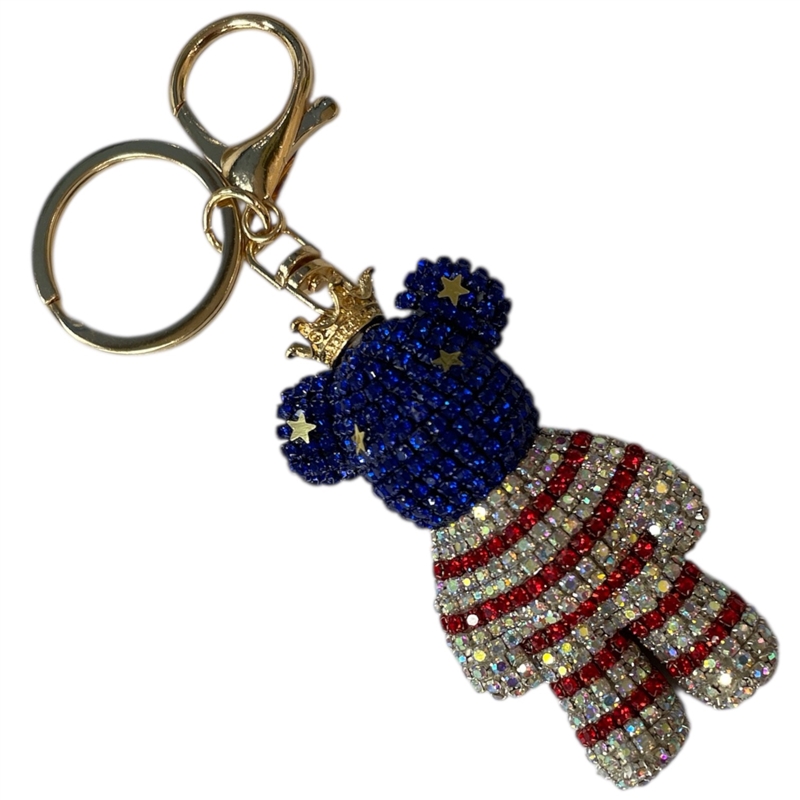 KC5004SRB AMERICAN FLAG TEDDY BEAR RHINESTONE PAVE KEYCHAIN