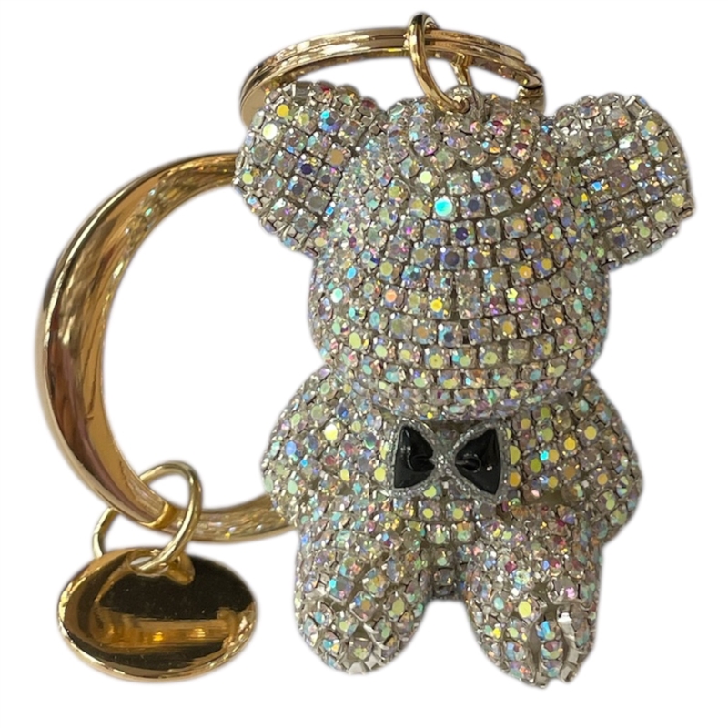 KC5005 BOW TIE TEDDY BEAR AB RHINESTONE PAVE KEYCHAIN