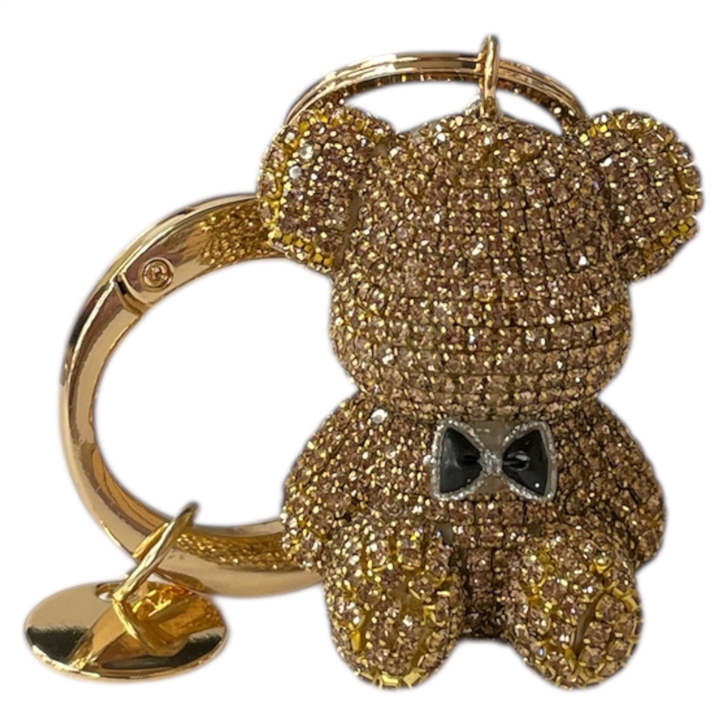 KC5005 BOW TIE TEDDY BEAR BROWN RHINESTONE PAVE KEYCHAIN