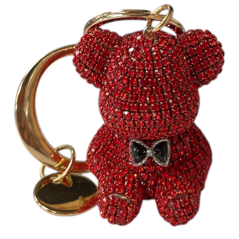 KC5005 BOW TIE TEDDY BEAR RED RHINESTONE PAVE KEYCHAIN