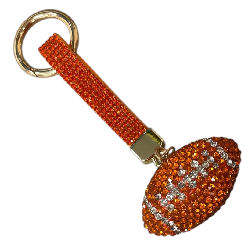 KC5018 FOOTBALL ORANGE RHINESTONE PAVE KEYCHAIN