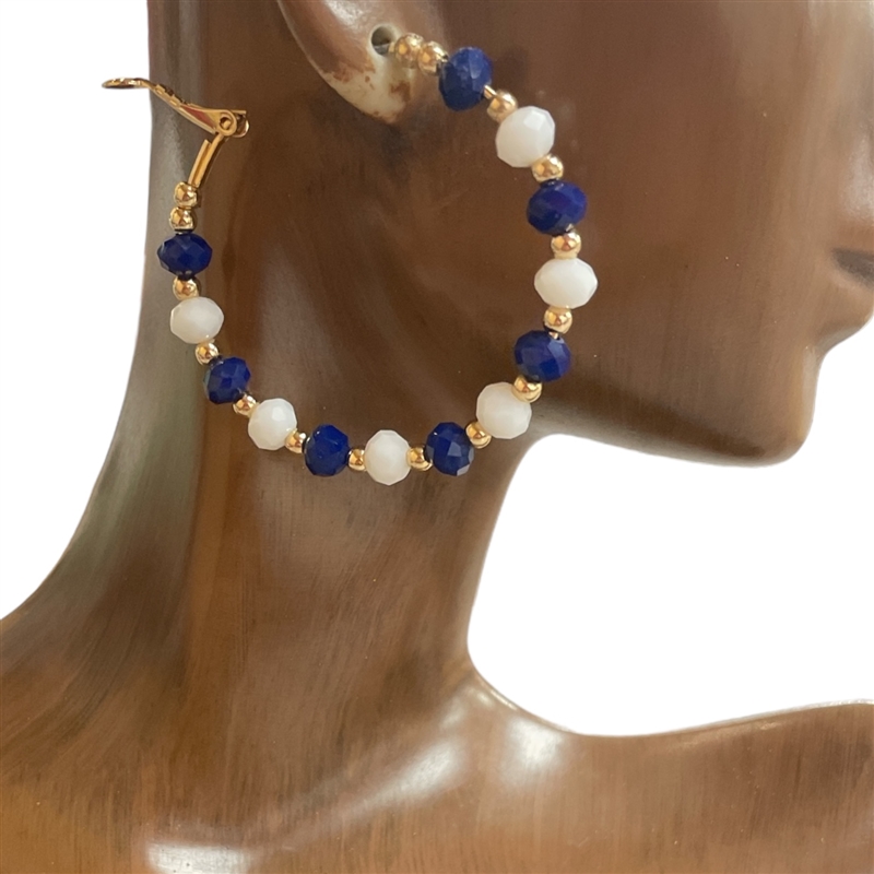 KE1450WR WHITE AND ROYAL BLUE HOOP EARRINGS