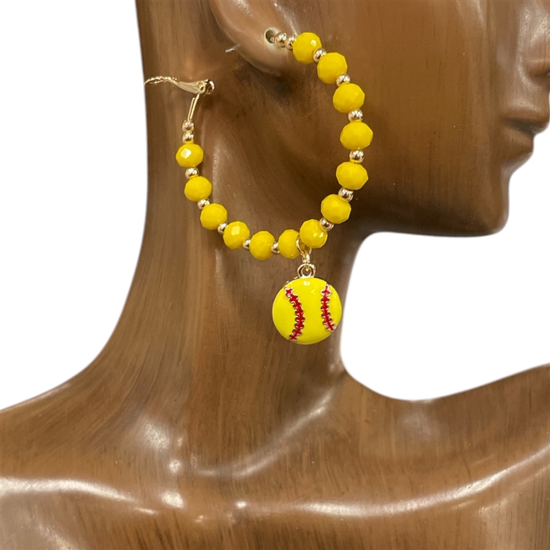 KE1730 YELLOW  SOFTBALL BEADED HOOP EARRINGS